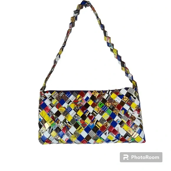 Vintage Y2K Candy Wrapper Purse Recycled Spanish Language Text Multicolor - Picture 1 of 5